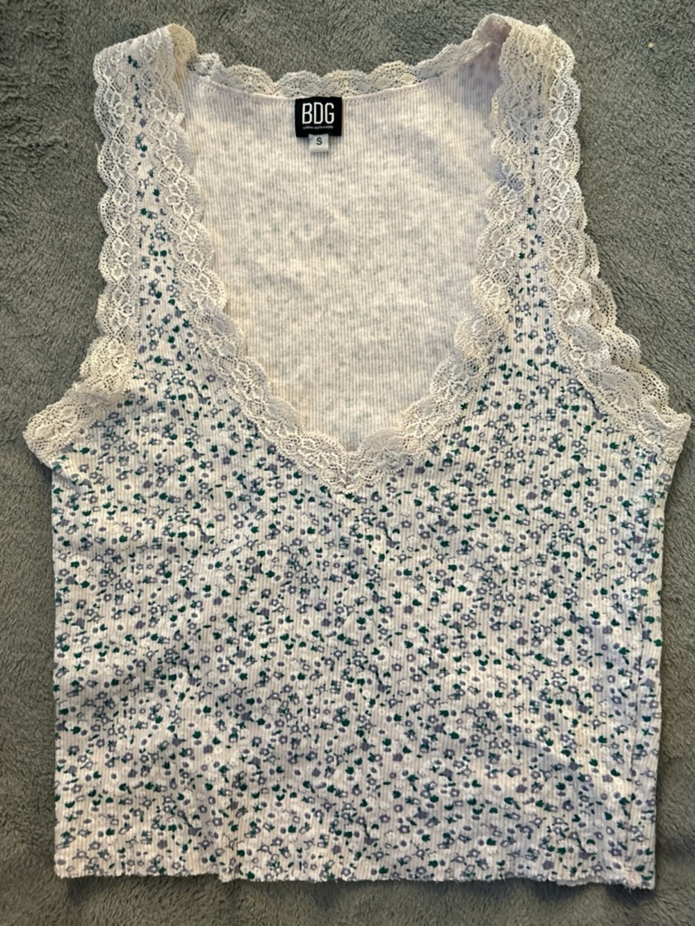 BDG Lace-Trim Floral Ribbed Tank Top